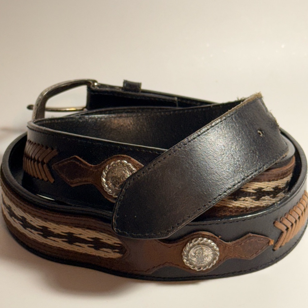 Nocona Men’s Western Leather Belt Brown Black Tooled Inlay Size 44
